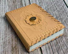Real Leather Journal, Gem Stone, Sewn Edging, Cotton Recycled Paper Pages, Embossed Design, Notebook, Diary, Clean Cut Ink Leafs, Natural