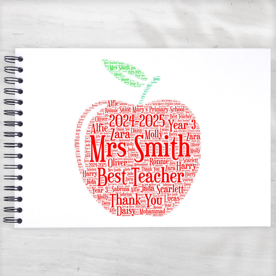 Personalised A3/A4/A5/Square Apple Teacher Gift Word Art, Scrapbook, Photo Album, Typography Cloud, Guestbook