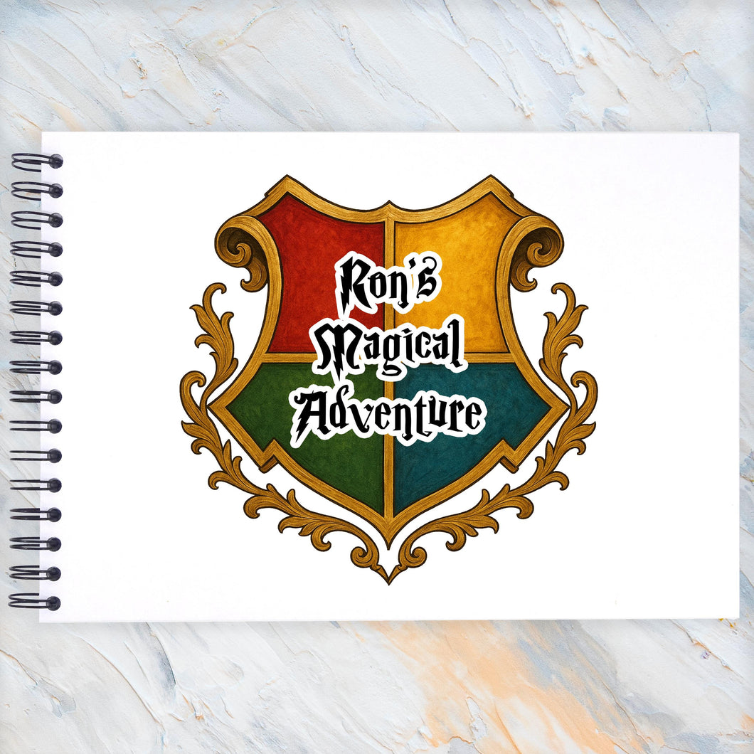 Personalised A3/A4/A5/Square Wizard School Scrapbook Photo Album, Memory Gift, World, Spell Book, Adventure Photo Album, Magic, Crest Shield
