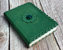 Real Leather Journal, Gem Stone, Sewn Edging, Cotton Recycled Paper Pages, Embossed Design, Notebook, Diary, Clean Cut Ink Leafs, Natural