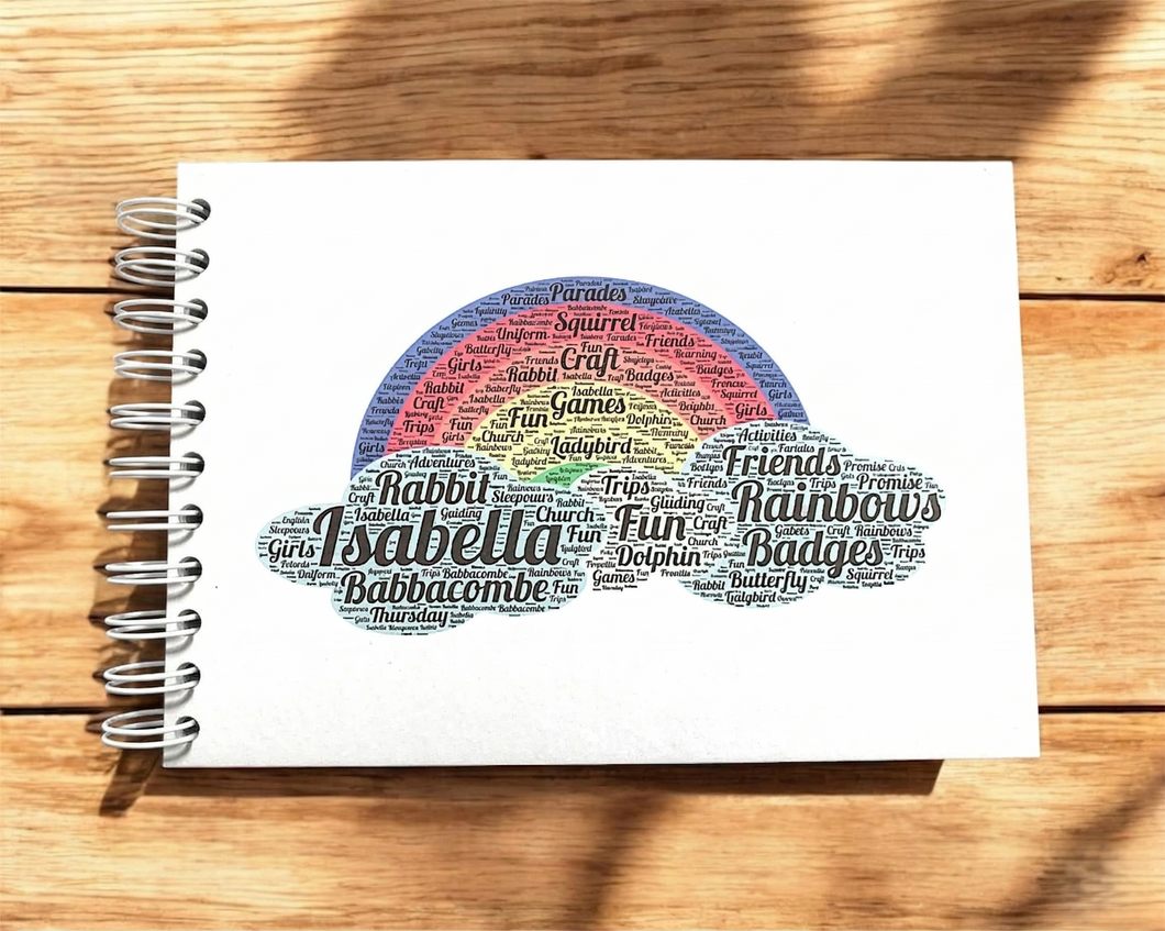 Personalised Rainbow and Cloud Word Art A3/A4/A5/Square, Scrapbook, Photo Album, Typography Cloud, Guestbook, School Leavers, Birthday