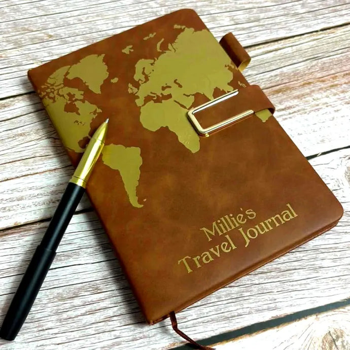 Personalised Gold Travel Journal Diary, A5 Notebook, Pen Holder, Page Marker, Hardback, Magnetic Closure, Sewn Bound 200 Pages, World Map