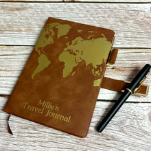 Personalised Gold Travel Journal Diary, A5 Notebook, Pen Holder, Page Marker, Hardback, Magnetic Closure, Sewn Bound 200 Pages, World Map