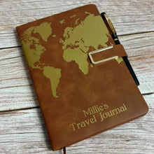 Personalised Gold Travel Journal Diary, A5 Notebook, Pen Holder, Page Marker, Hardback, Magnetic Closure, Sewn Bound 200 Pages, World Map