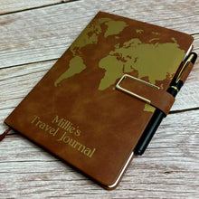 Personalised Gold Travel Journal Diary, A5 Notebook, Pen Holder, Page Marker, Hardback, Magnetic Closure, Sewn Bound 200 Pages, World Map