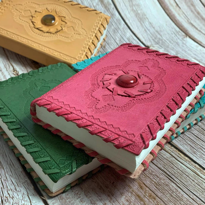 Real Leather Journal, Gem Stone, Sewn Edging, Cotton Recycled Paper Pages, Embossed Design, Notebook, Diary, Clean Cut Ink Leafs, Natural